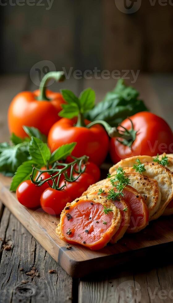 Fresh tomatoes and bruschetta on a rustic wooden board for appetizer photo
