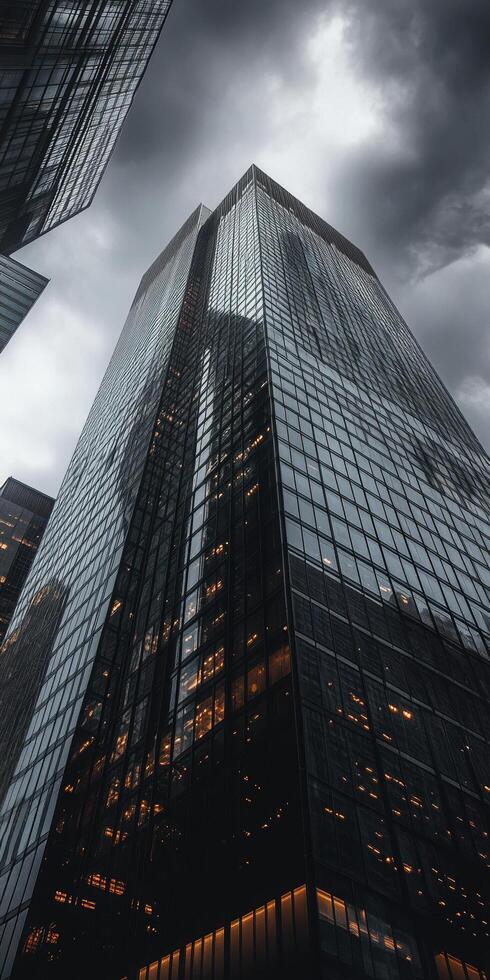 Low Angle View of Dark Glass Skyscraper Building in Urban Cityscape photo