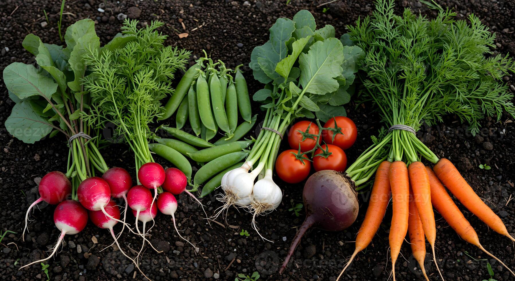 Freshly Harvested Vegetables from Organic Farming on Dark Soil Background photo