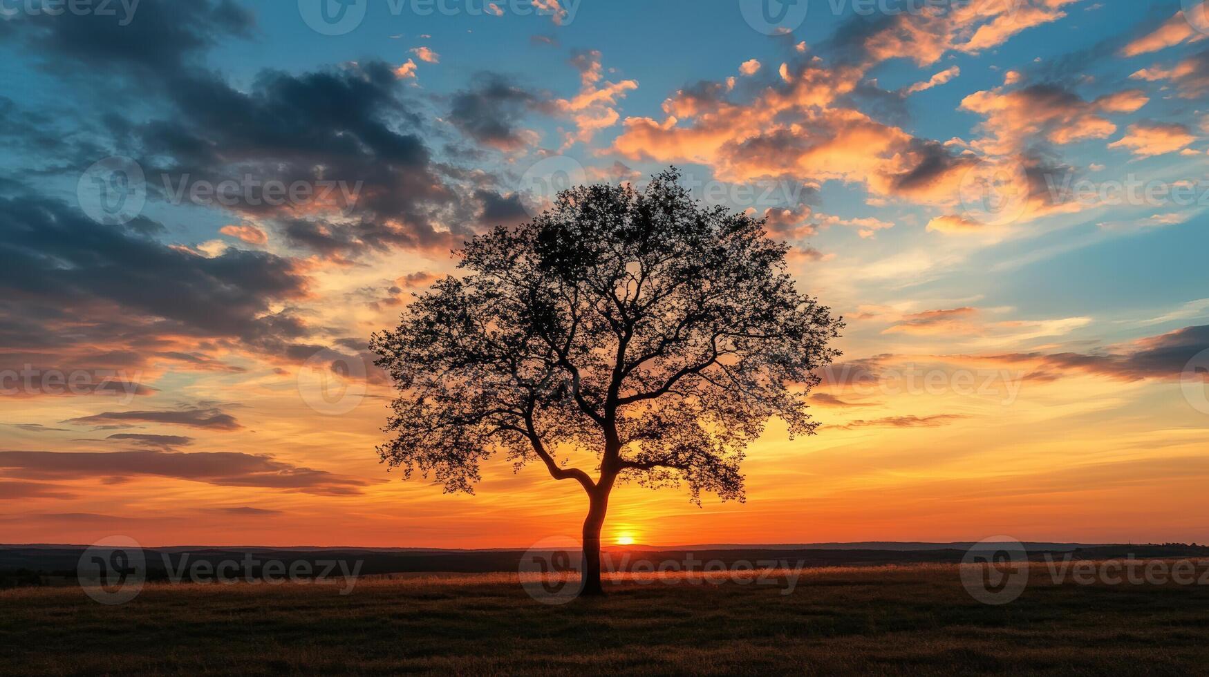Silhouette of a Tree Against a Vibrant Sunset Sky in Tranquil Scene photo