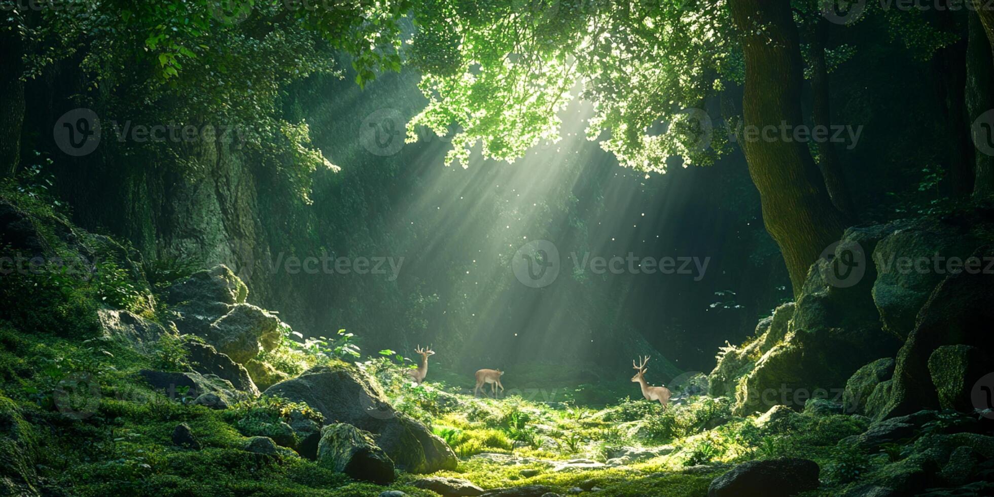 Deer family in forest clearing with sun rays streaming through trees photo