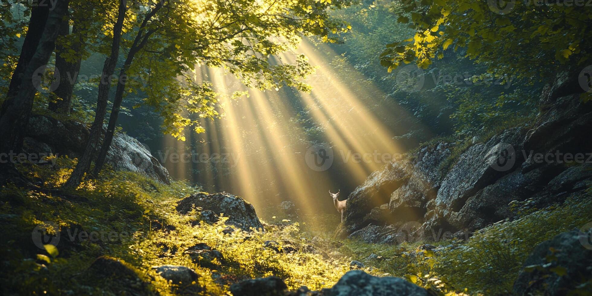 Deer standing peacefully in forest illuminated by golden sun rays photo