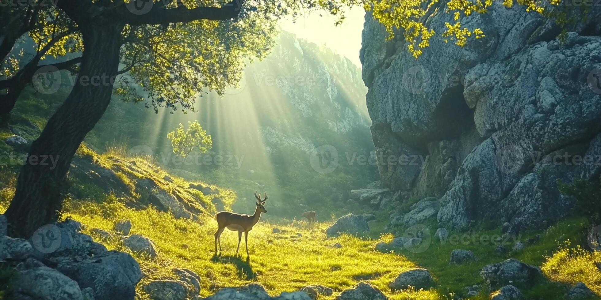 Deer in Sunlit Meadow at Dawn, Forest Landscape with Wildlife photo