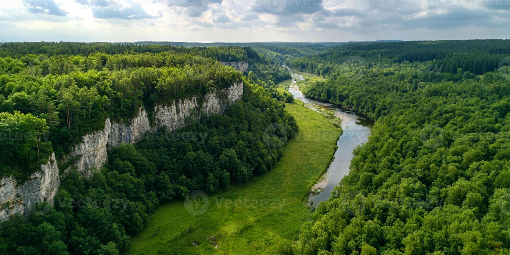 Majestic River Flowing Through Lush Green Canyon Landscape photo