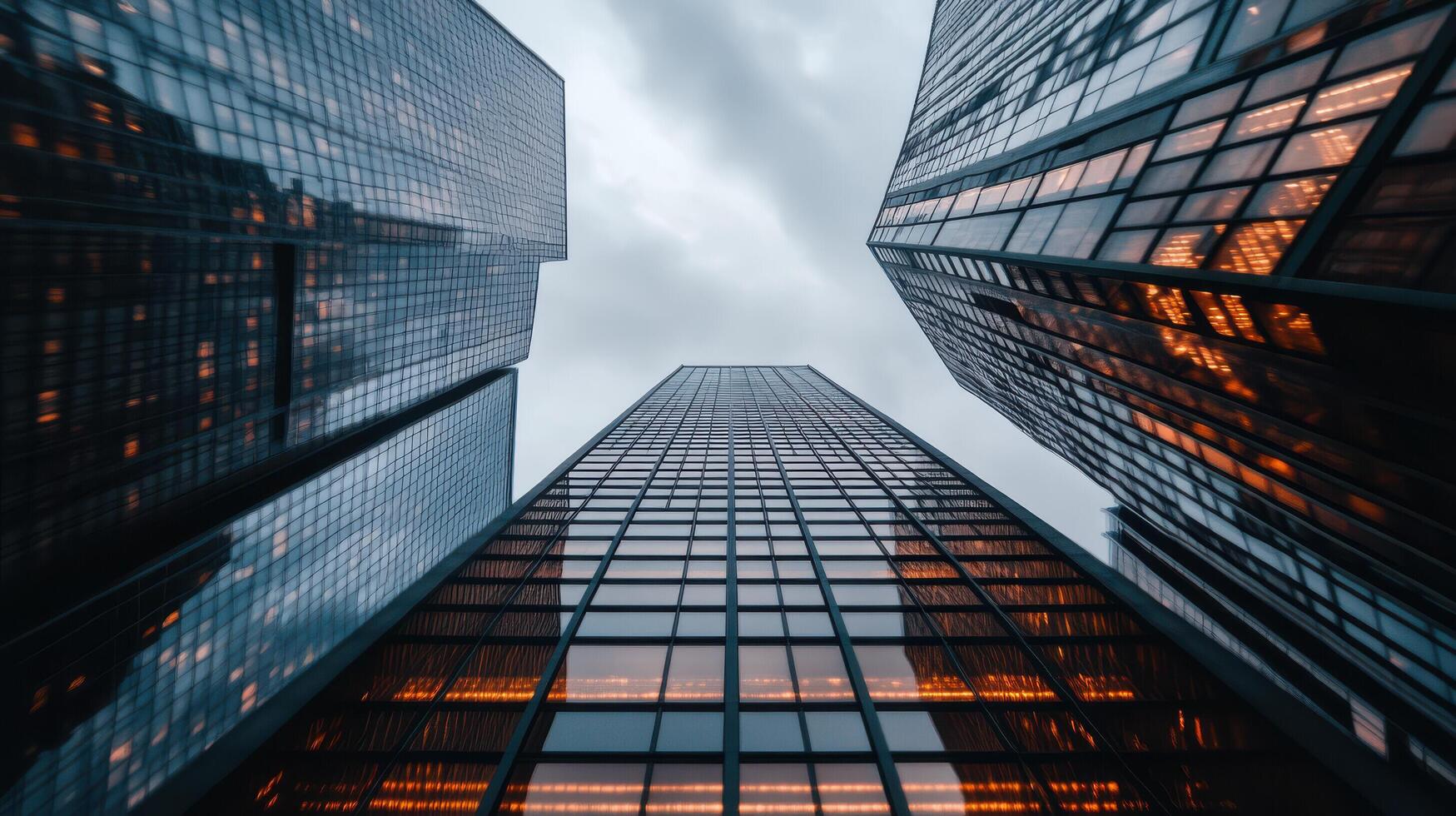 Skyscrapers soaring high in urban landscape against cloudy sky, modern architecture photo