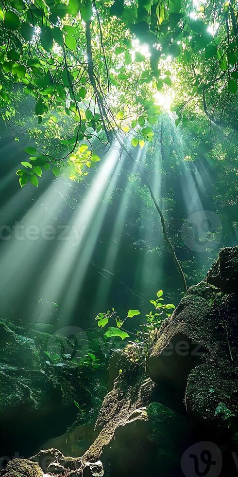 Sun Rays Shining Through Green Forest Canopy Creating a Mystical Scene photo