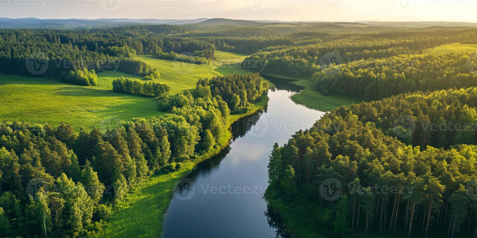 Serene River Flowing Through Lush Green Forest Landscape View photo