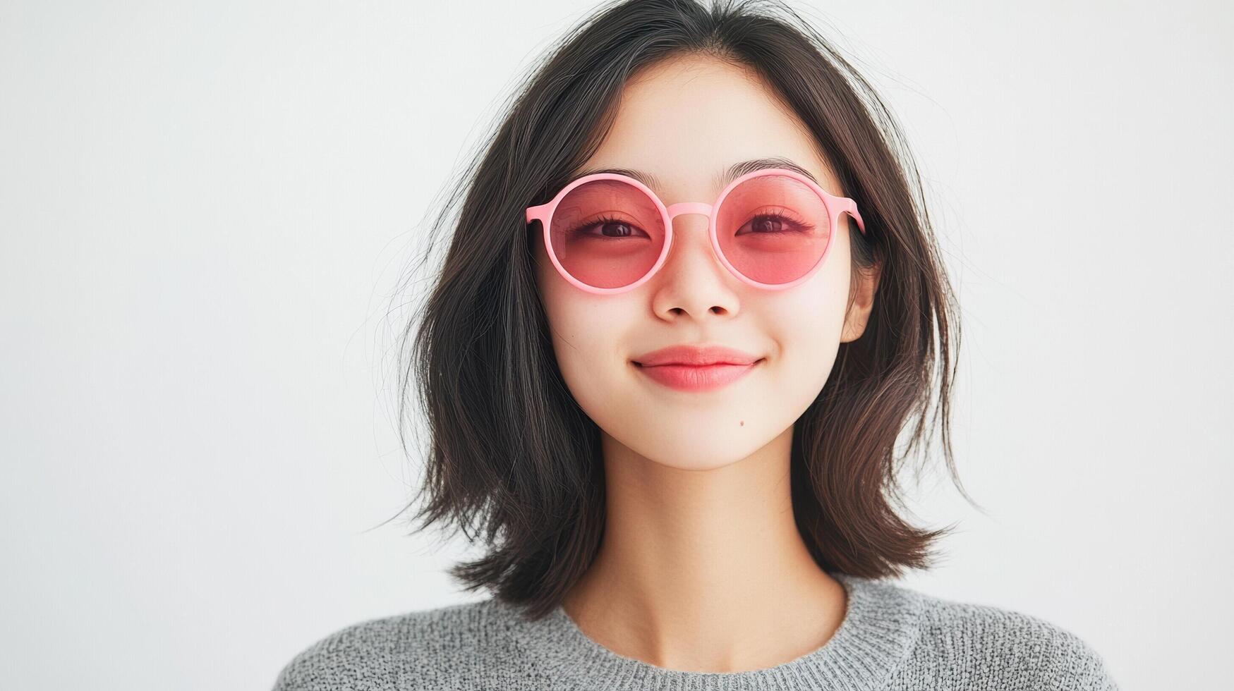 Young Asian woman smiling wearing pink sunglasses in front of white background photo