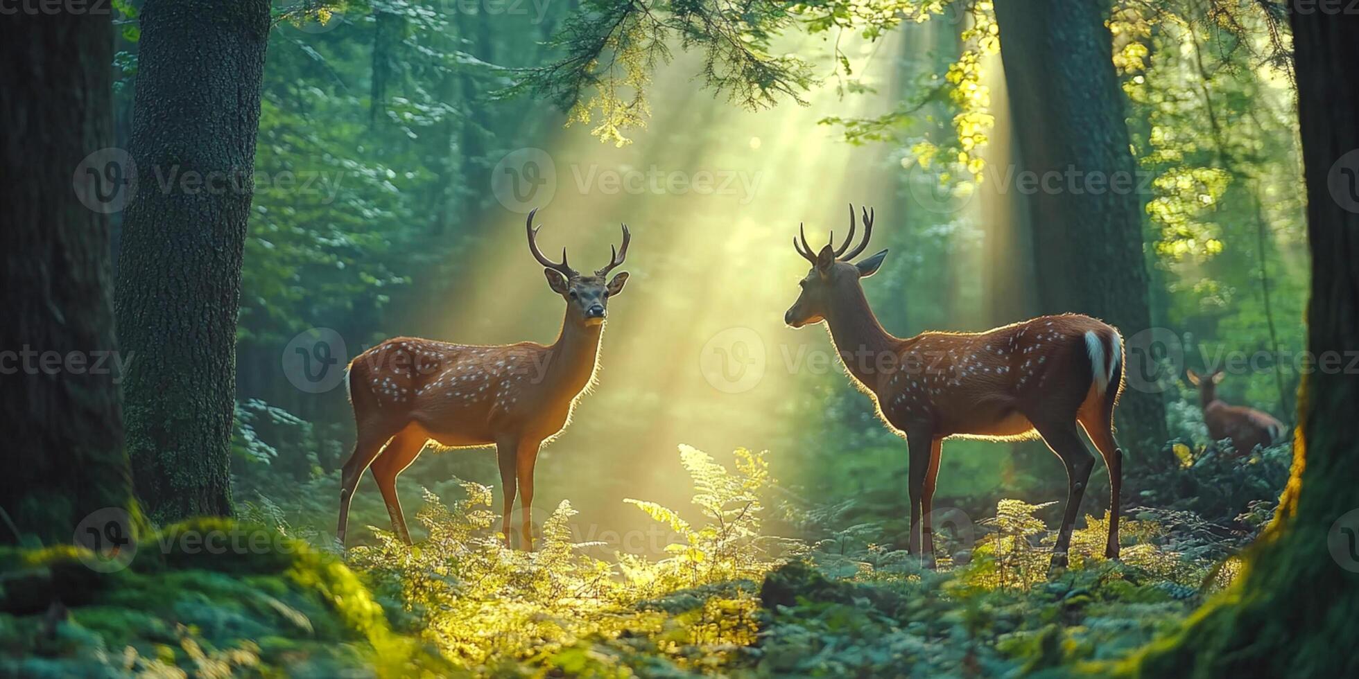Two spotted deer standing amidst the sunlit forest clearing, beautiful scene photo