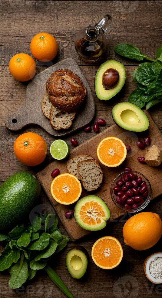 Healthy food ingredients arrangement featuring fresh avocados and citrus fruits photo