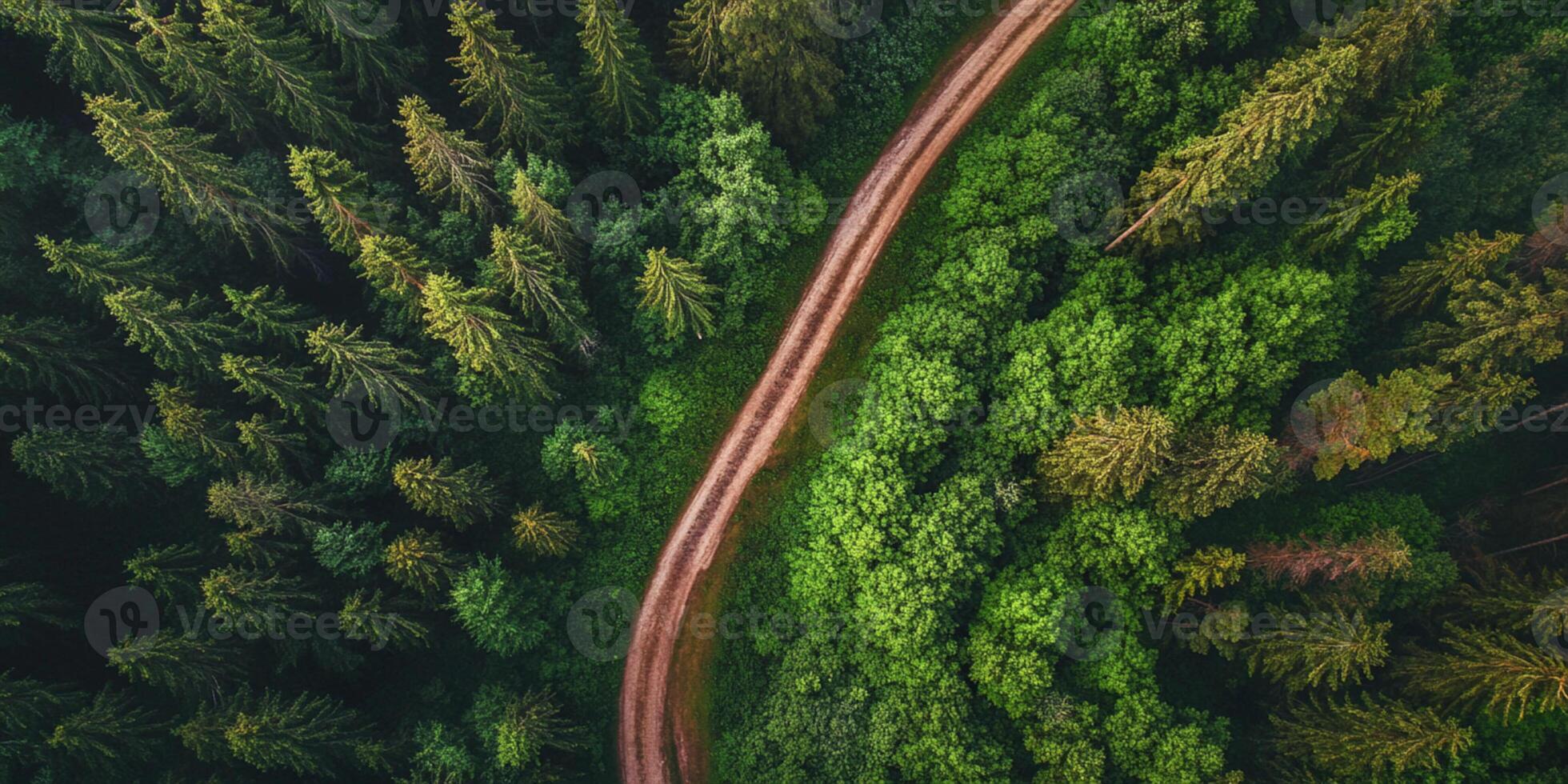 Aerial view of a winding dirt road through a lush green forest photo