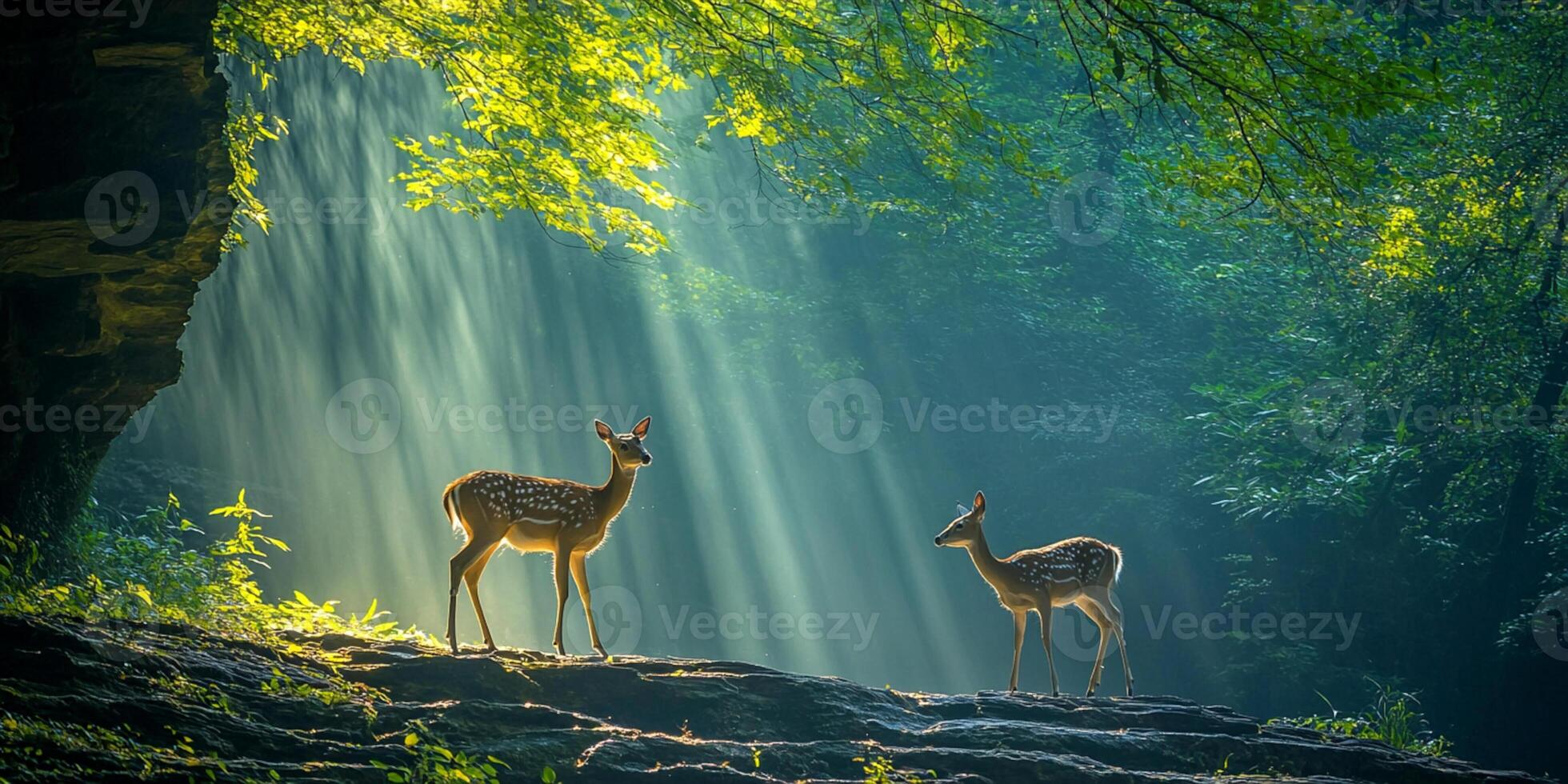 Two young deer standing in a sunlit forest clearing in the morning photo