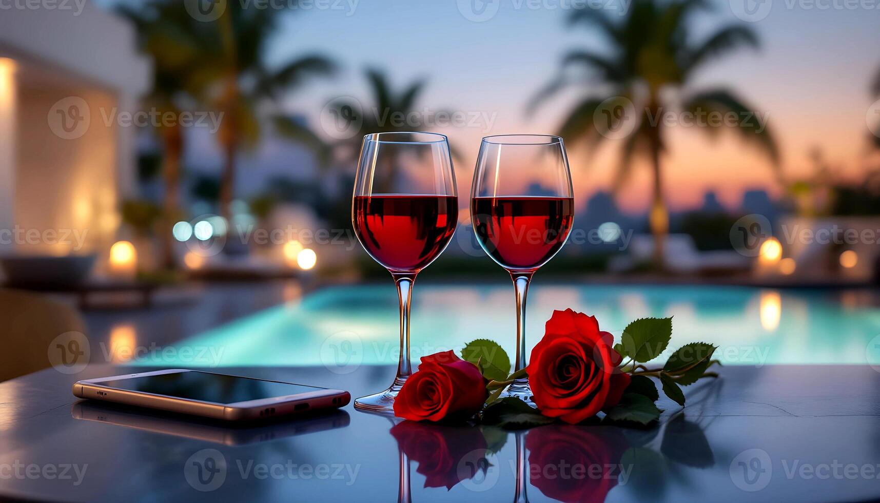 Romantic evening with red wine glasses and roses by the pool at sunset photo