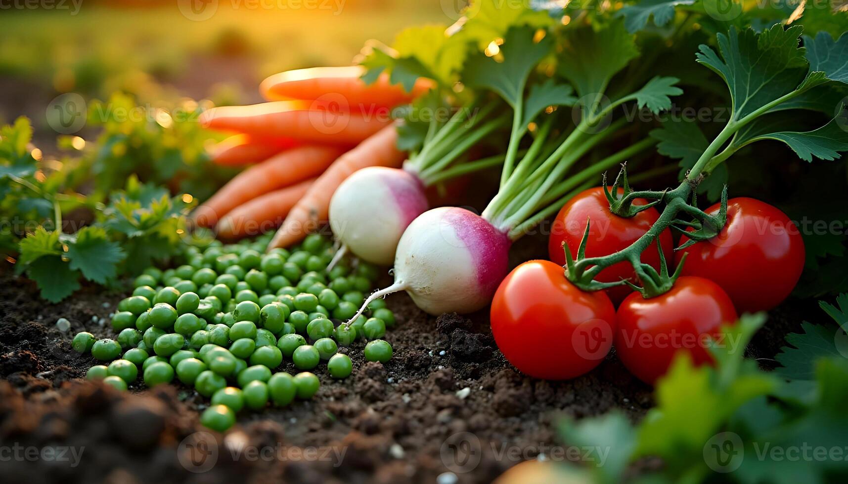 Freshly harvested garden vegetables including peas, carrots and tomatoes photo