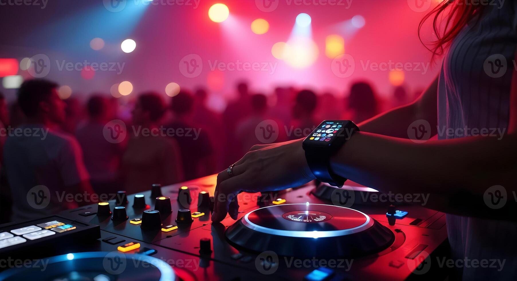 Female DJ Mixing Music at a Nightclub with Modern Equipment photo