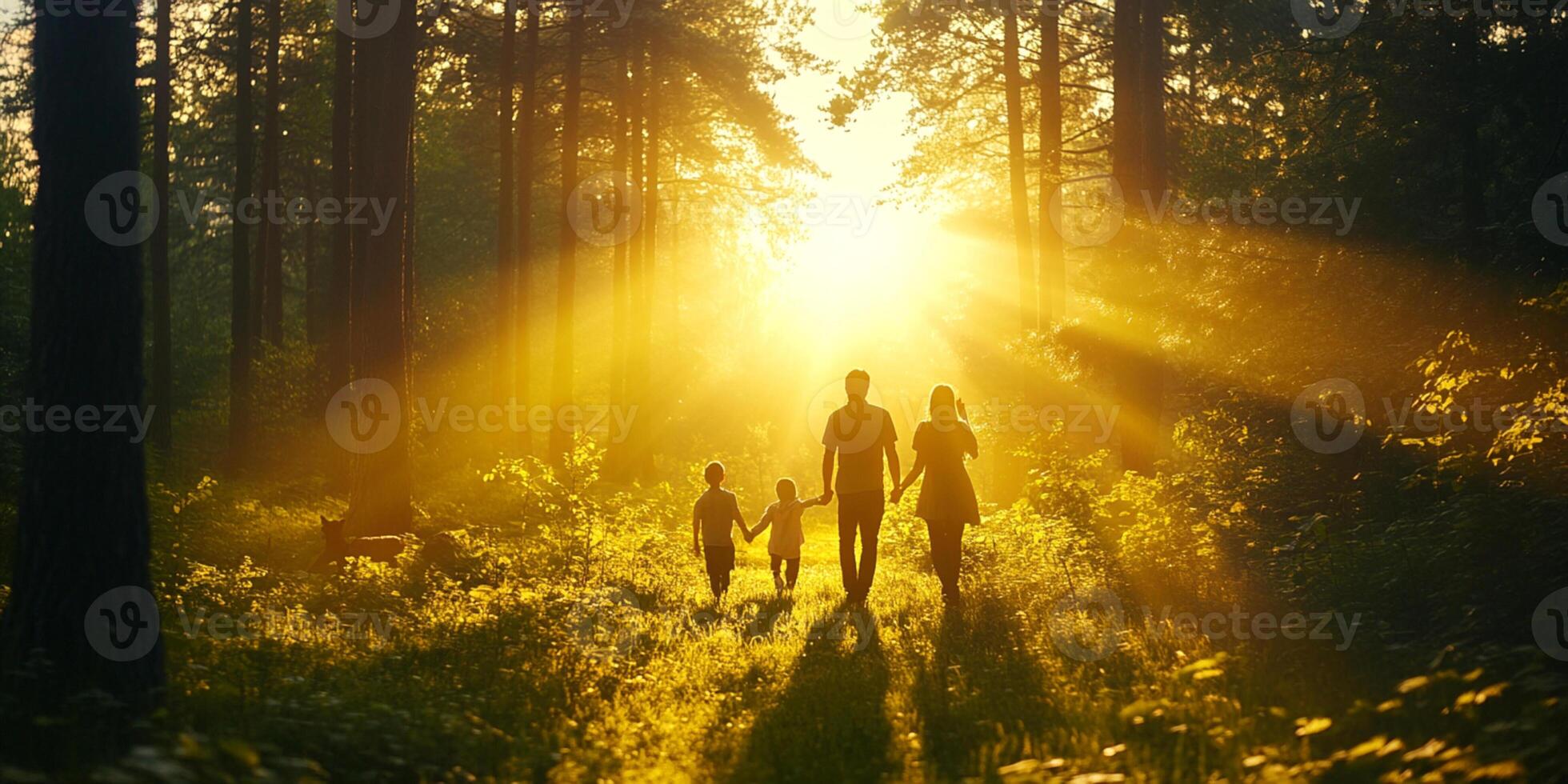Family walking together through sunlit forest enjoying nature outdoors photo