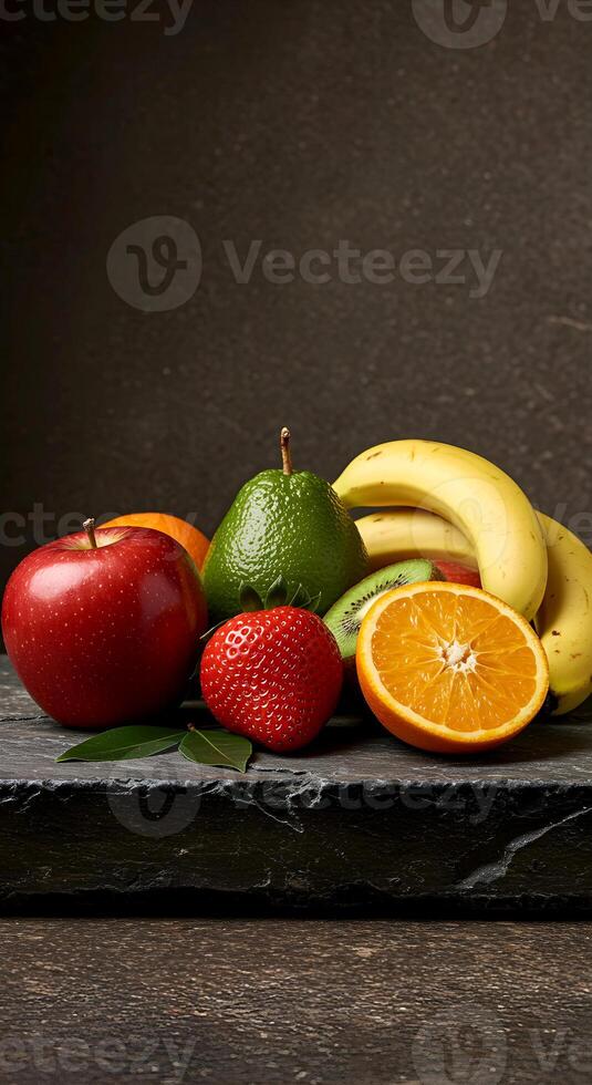 Fresh Fruit Still Life Displaying Apple, Strawberry, Orange, and Bananas photo