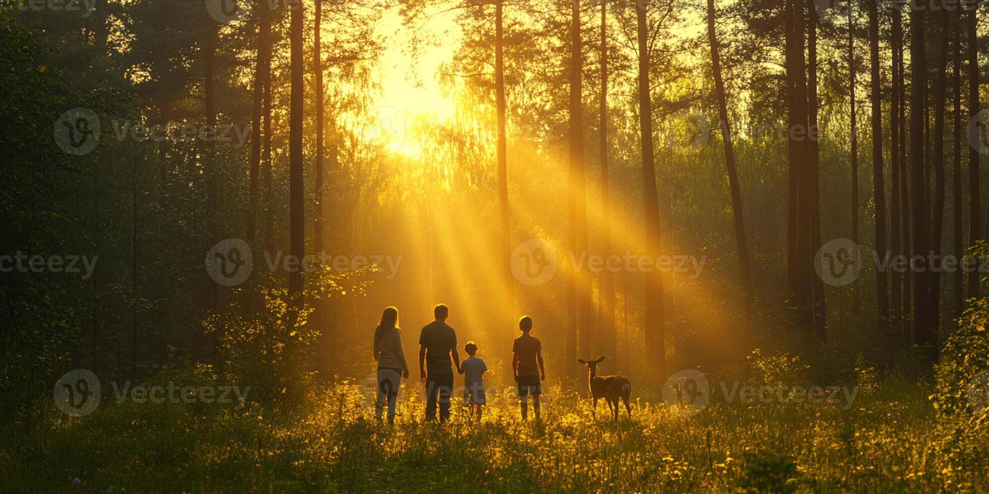 Family walking through sunlit forest with deer enjoying nature scene photo