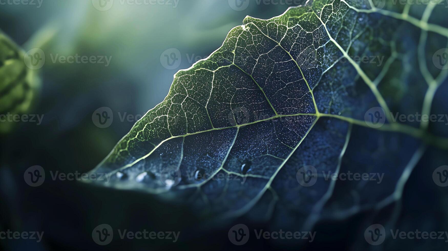 Delicate leaf veins glowing with dew drops in moody natural light photo