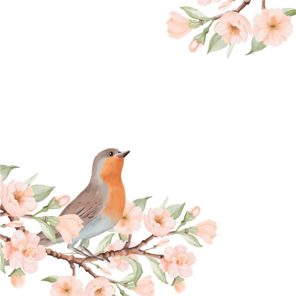 Spring square Frame with Bird and Blossoming Branch with Peach or Cherry Flowers. Hand drawn watercolor illustration on a white background. Ideal for nature, greeting cards and bird Day designs. vector