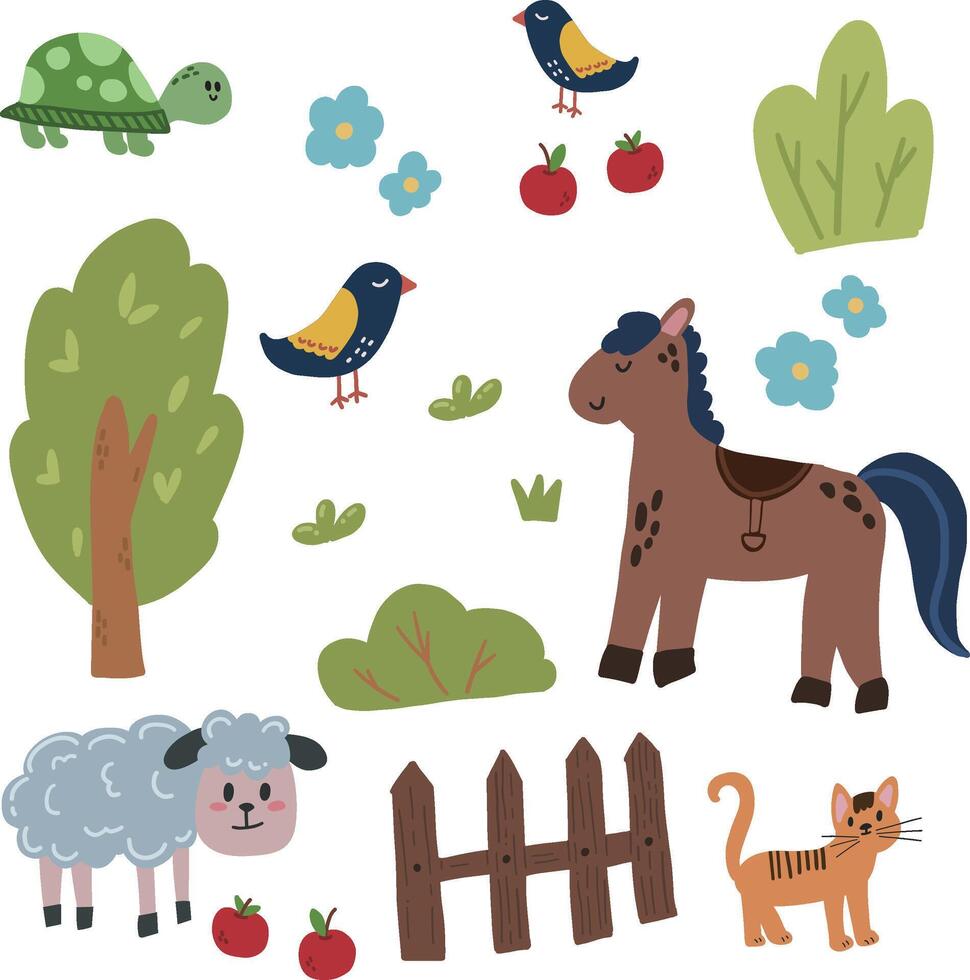 Cute baby set, animals and garden farm vector