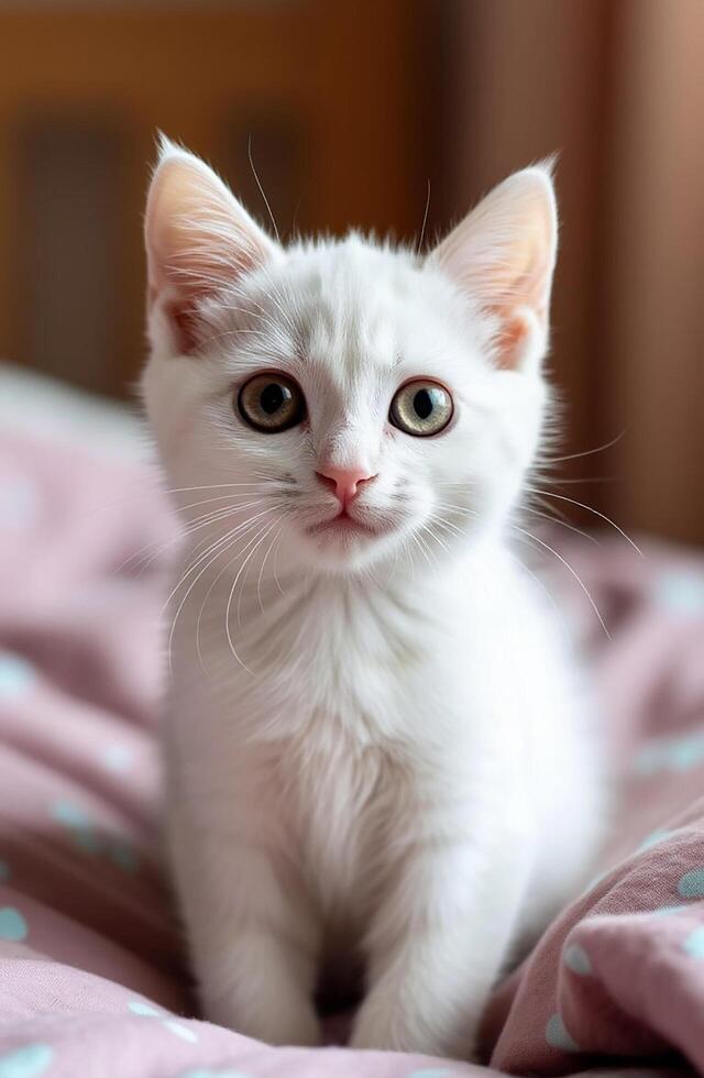 portrait of a small white cat in the bed photo