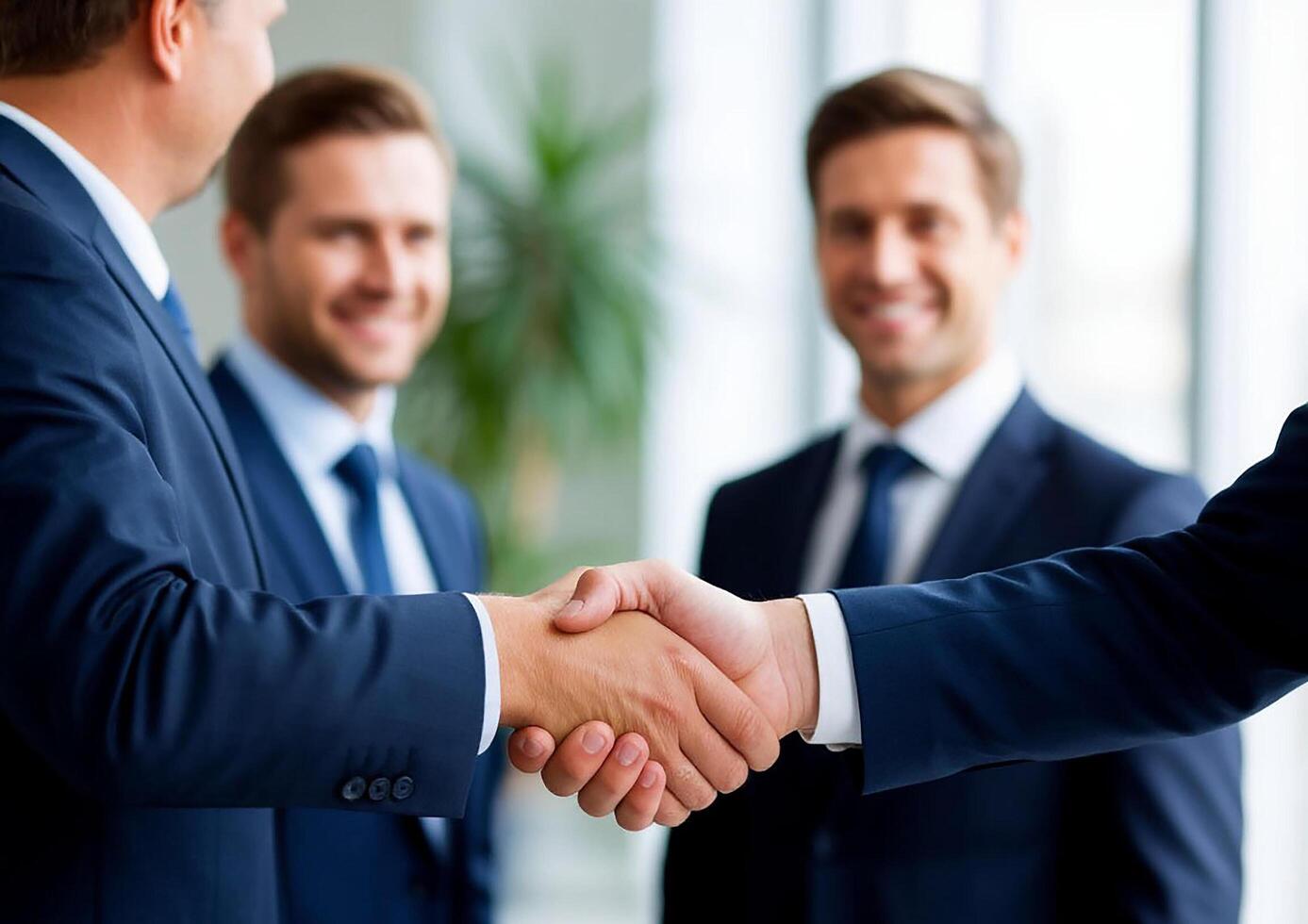 business, partnership and office concept - close up of two businessmen shaking hands in office photo