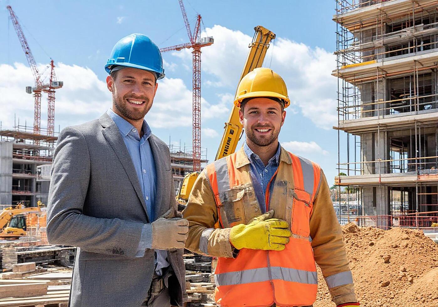 Portrait of two smiling construction workers on a building site with crane photo
