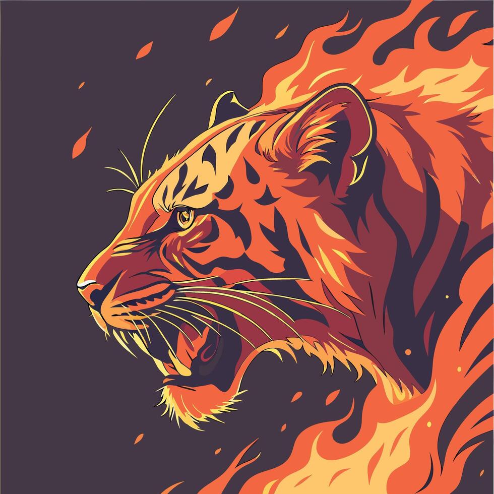 A tiger with flames on its face vector