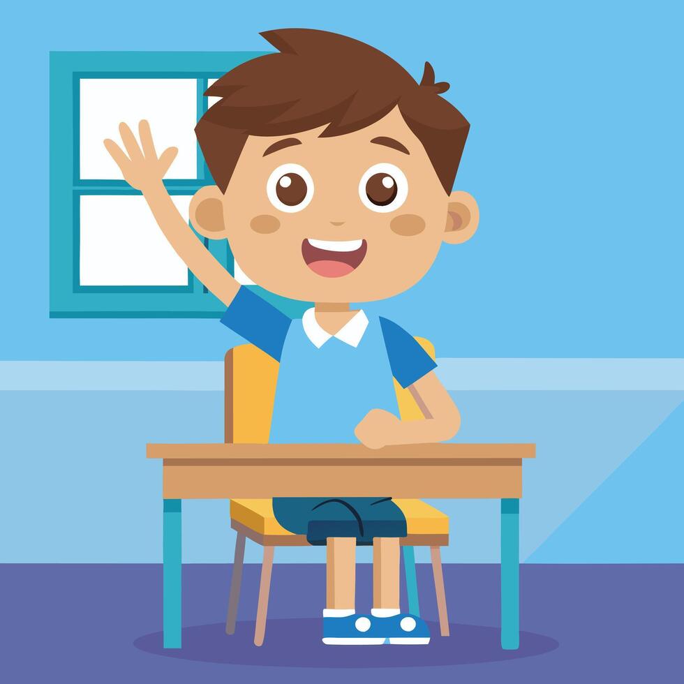 cartoon illustration young boy at school desk vector
