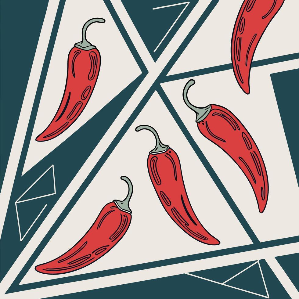 A group of red hot peppers on a geometric background vector