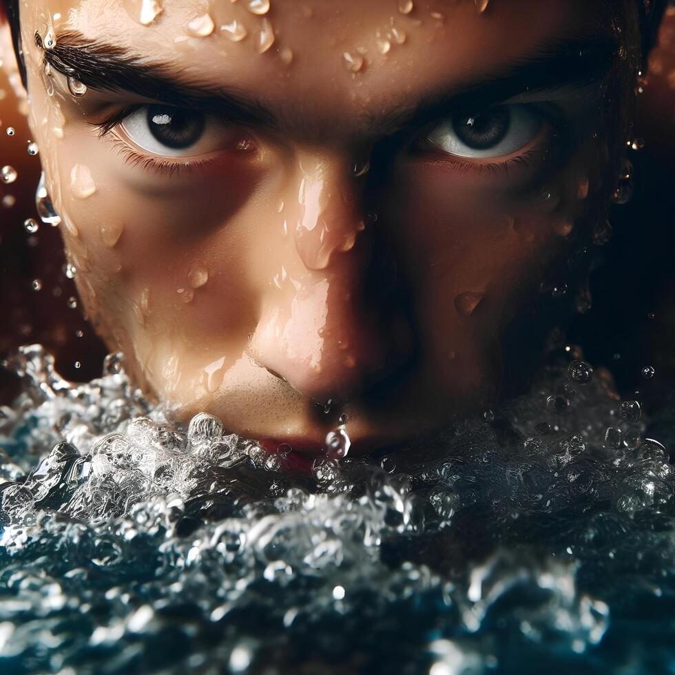 A man is swimming in the water with water splashing on his face photo
