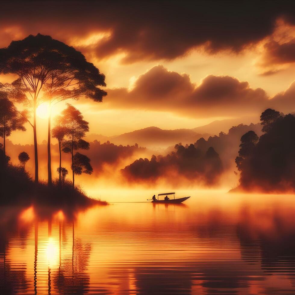 A boat on a lake at sunset with trees and a mountain in the background photo