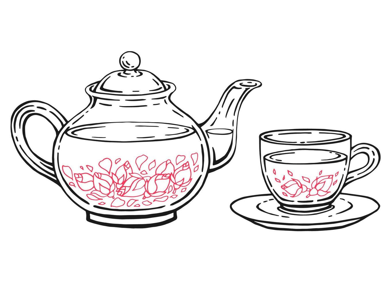 Tea set with healthy green tea, rose. Teapot and cup. Hand drawn illustration vector