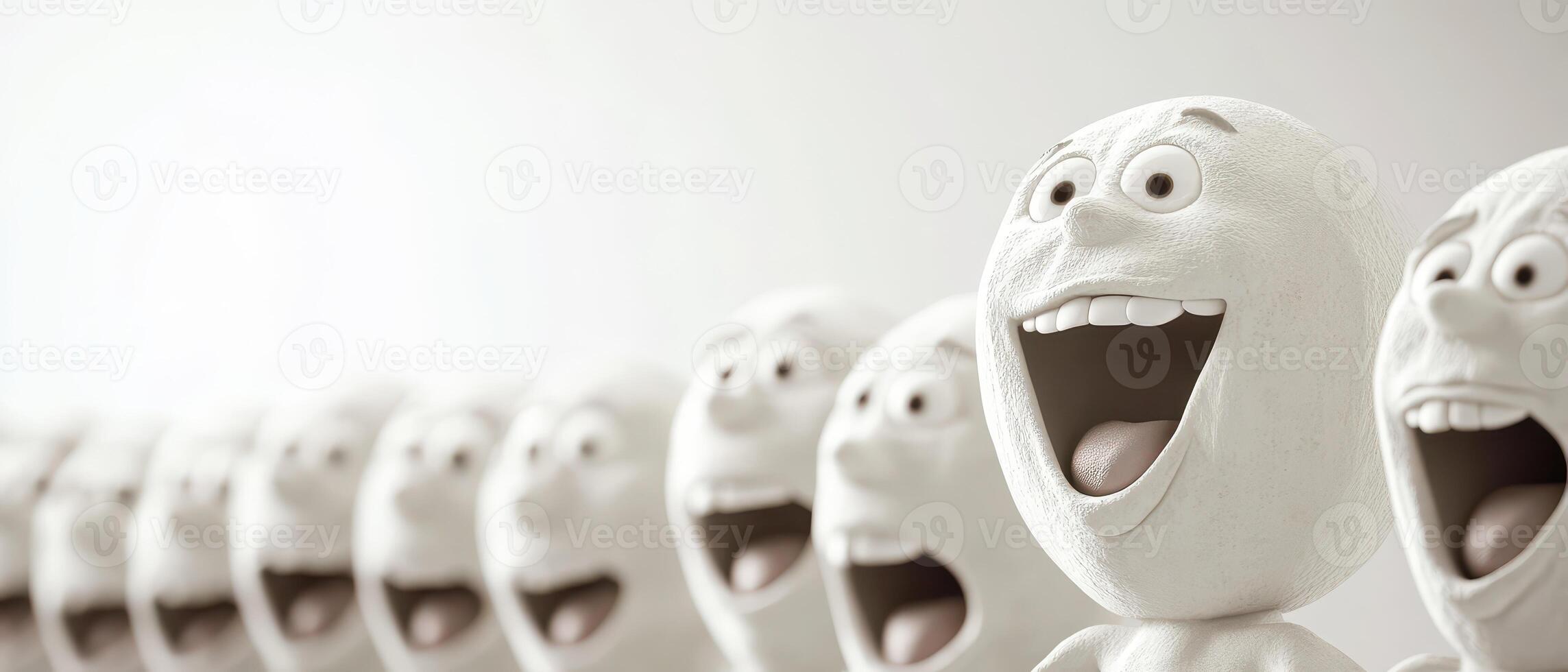 A row of white figures with open mouths photo