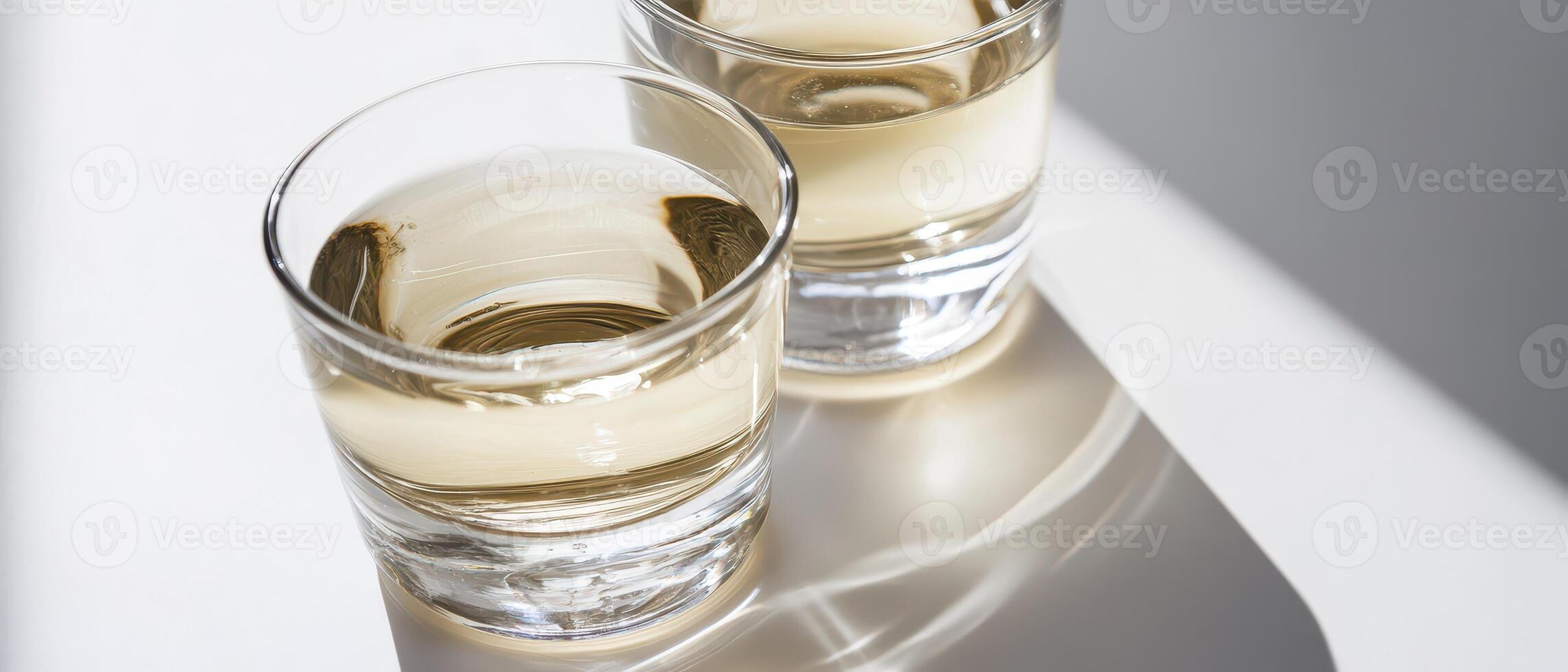 Two glasses of white wine on a white surface photo