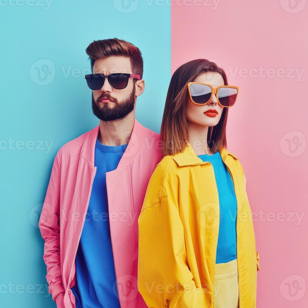 Fashion couple in colorful clothes and sunglasses photo