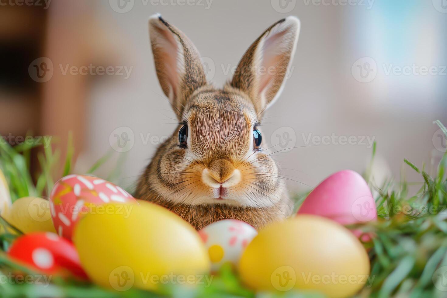 A cute little rabbit is sitting in the grass with colorful eggs photo