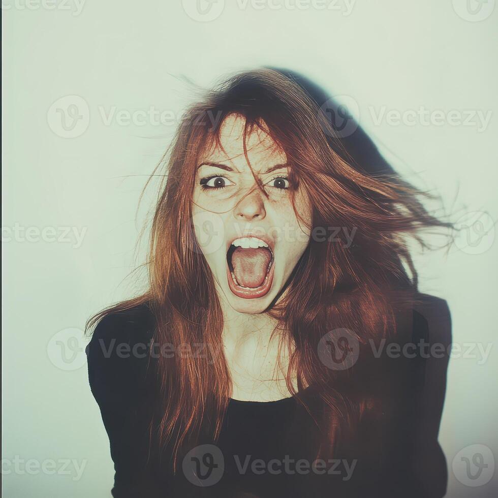 A woman with red hair and glasses is making a face photo