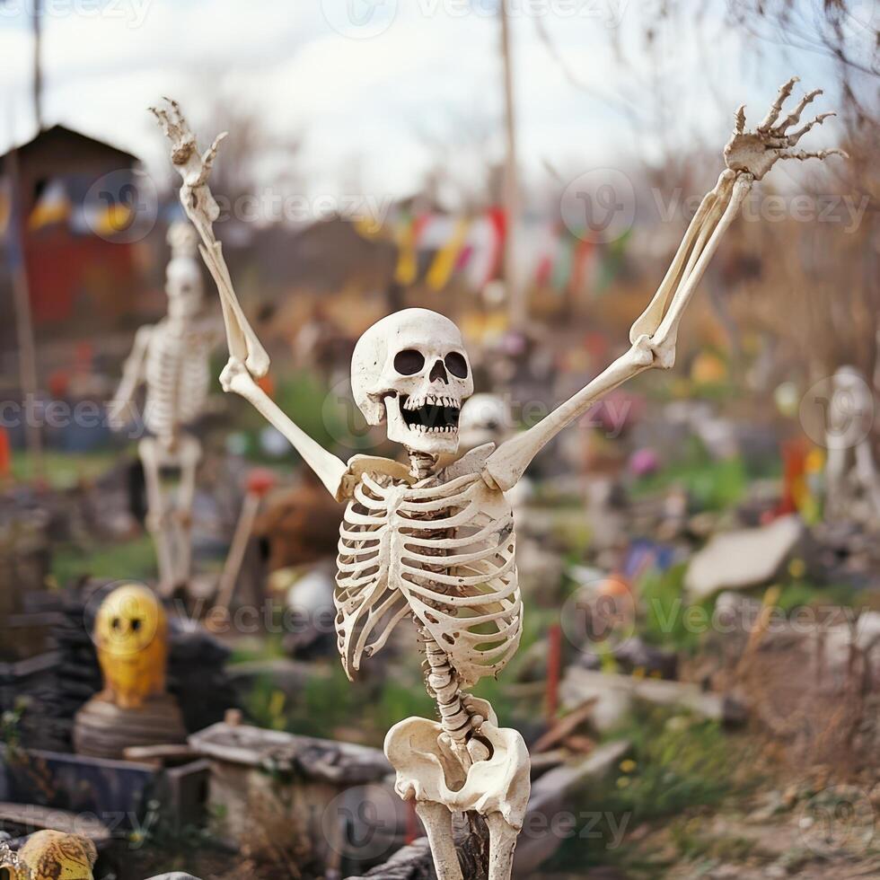 A skeleton with arms up in the air photo