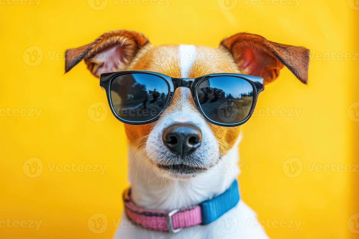 A dog wearing sunglasses on a yellow background photo