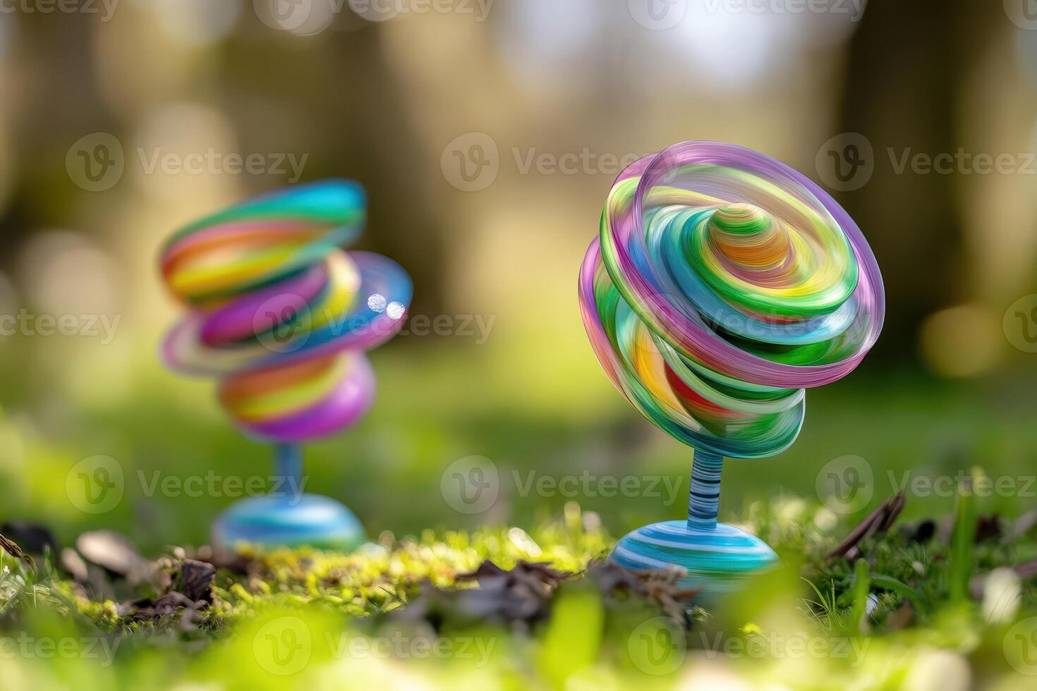 Two colorful toy spinners on top of a grassy field photo