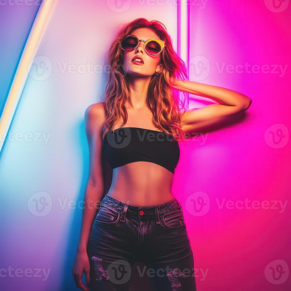 A woman in sunglasses and a top standing in front of neon lights photo