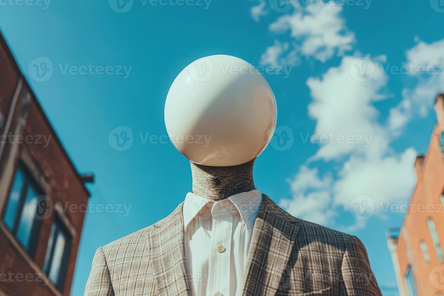 A mannequin wearing a suit and a white egg on top photo