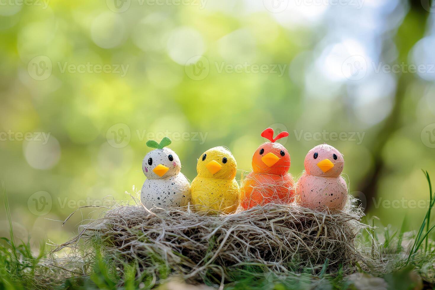 Four colorful eggs sitting on top of a nest photo