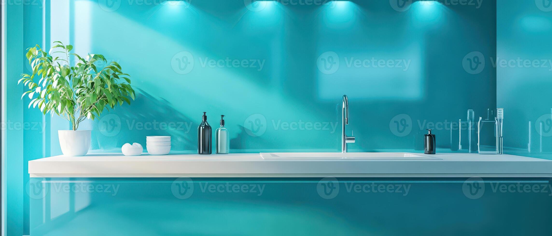 A blue bathroom with a sink and a plant photo