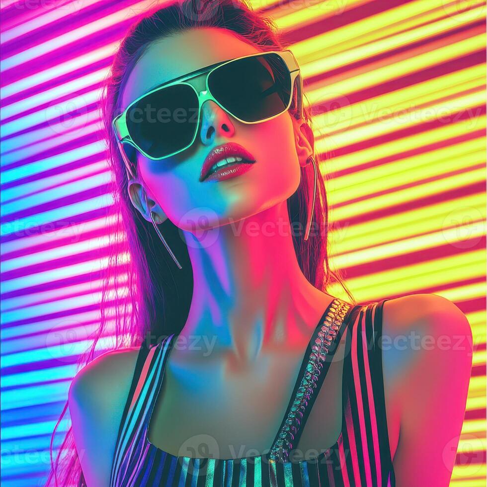 A woman in sunglasses and a striped top is in front of a neon light photo