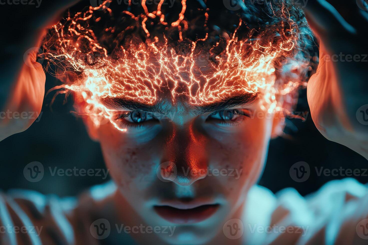 A man with fire coming out of his head photo