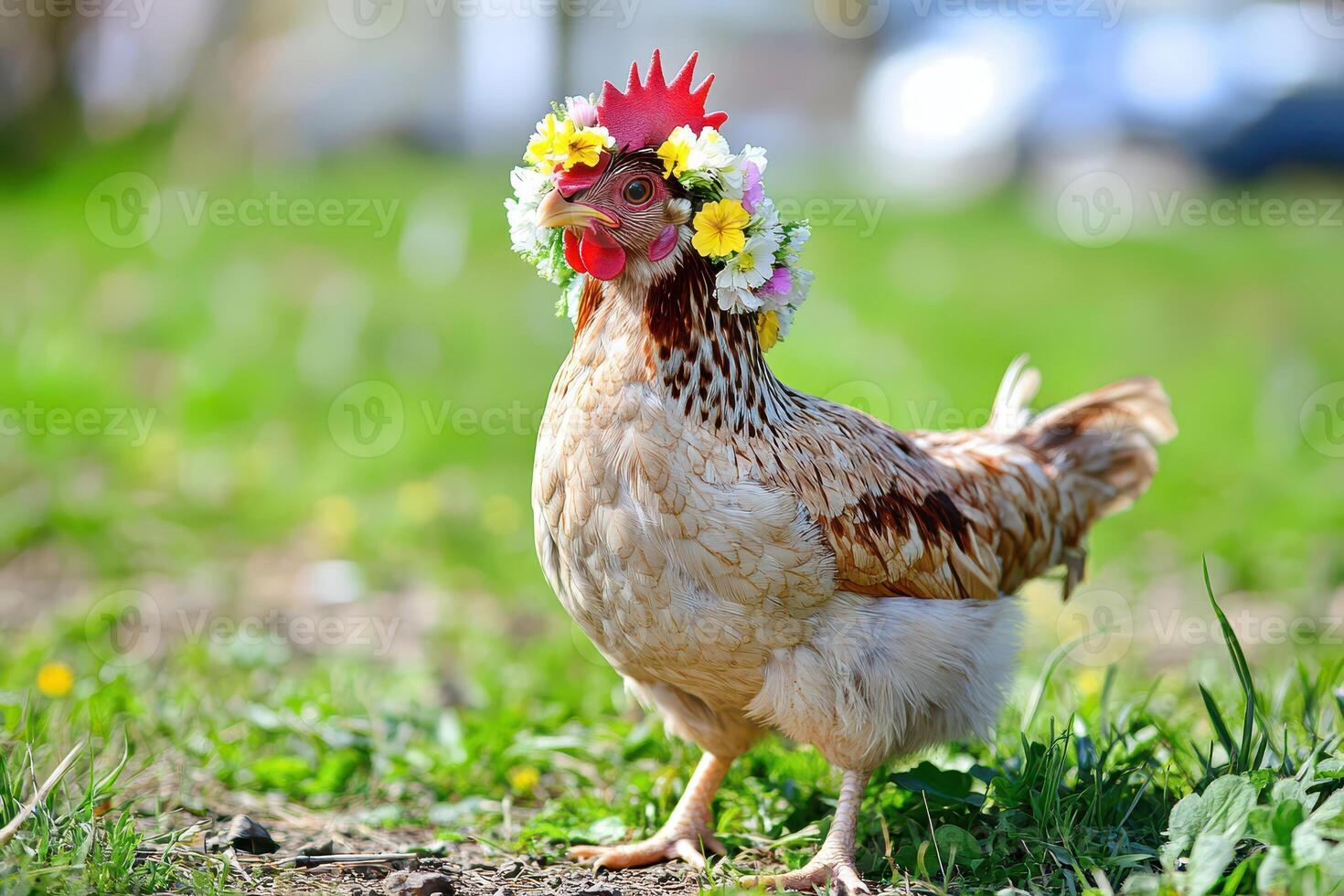 A chicken with a flower crown on its head photo