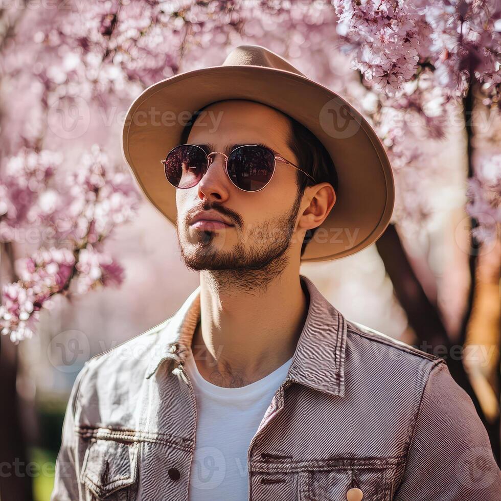 A man in a hat and sunglasses standing in front of a flowering tree photo
